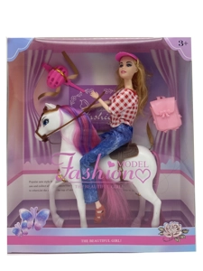 11.5-inch 12-joint solid body fashion Barbie with white horse, schoolbag and hat accessories