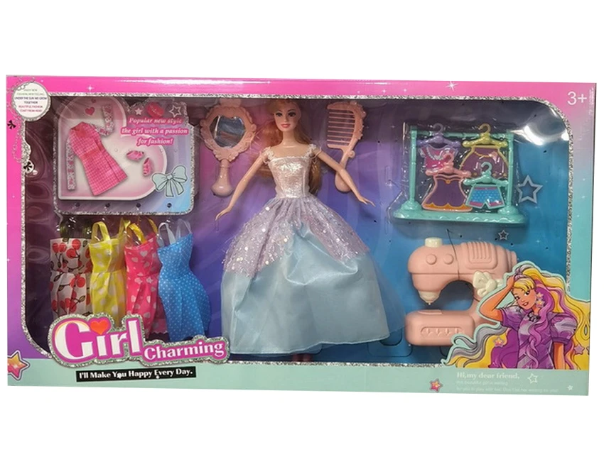 High-grade 11.5-inch movable hand solid body grand wedding Barbie with comb, mirror, clothes hanger blisters, large sewing machine accessories and hanging dresses