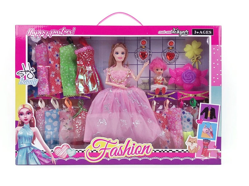 High-grade 11.5-inch 9-joint solid body grand wedding Barbie with 3-inch doll, flower hair clip, comb and hanging dresses