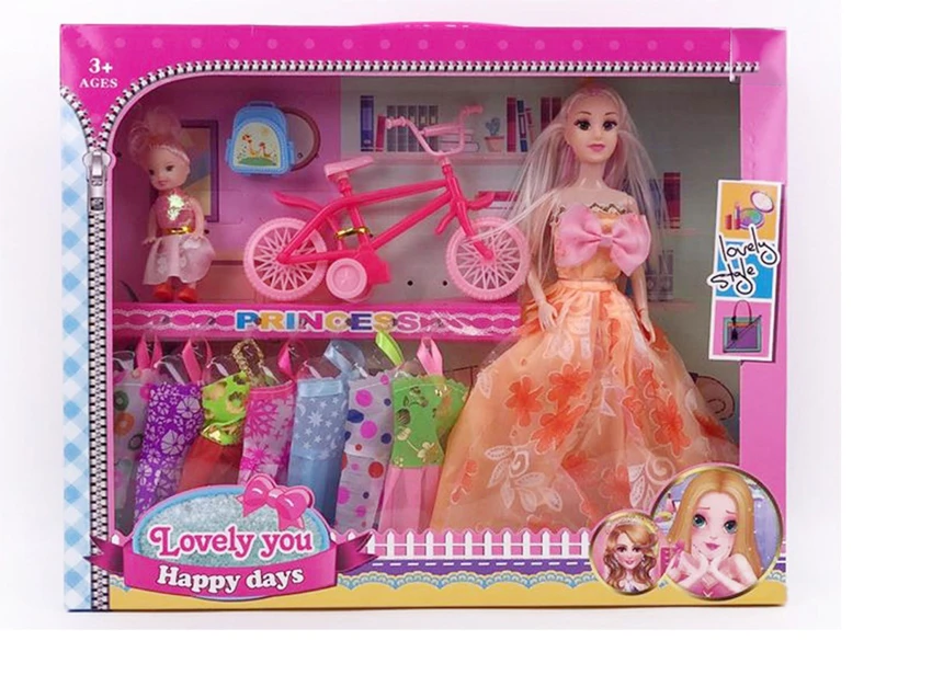 High-grade 11.5-inch 9-joint solid body grand wedding Barbie with large bicycle, 3-inch doll and small schoolbag accessories