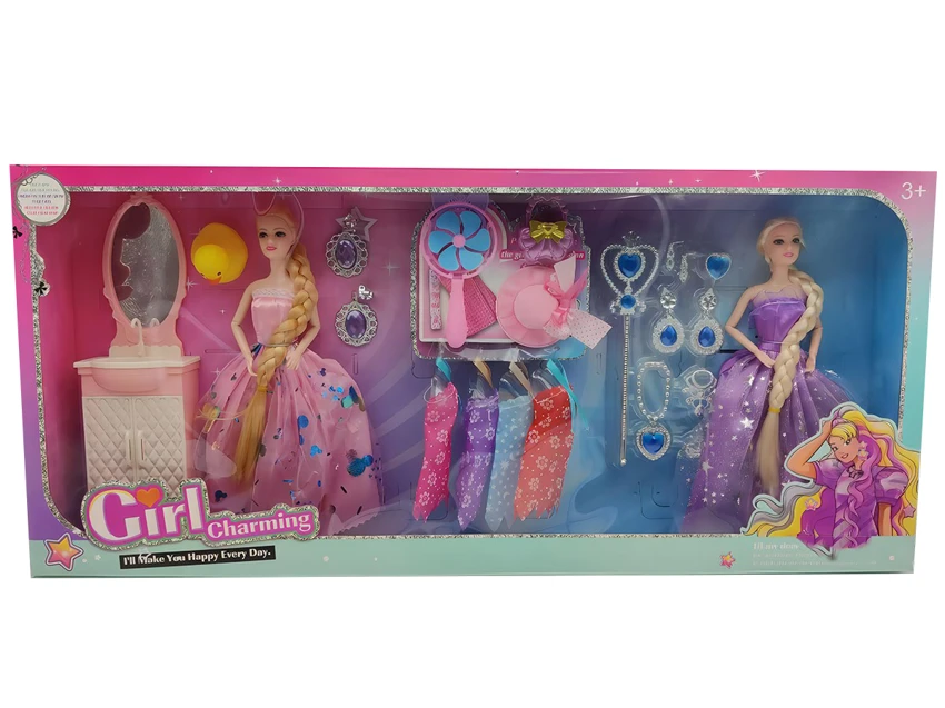 2 pcs 11.5-inch 9-joint solid body wedding Barbie with magic wand, hats, mirror stands and fan accessories