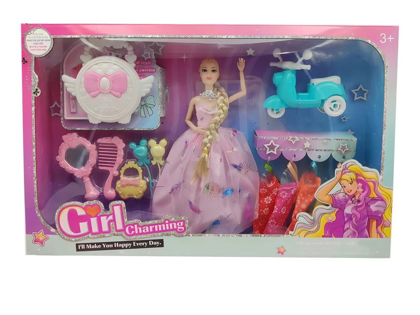 High-grade 11.5-inch 9-joint solid body grand wedding Barbie with comb & mirror blister parts, motorcycle ornaments and heart-shaped handbags