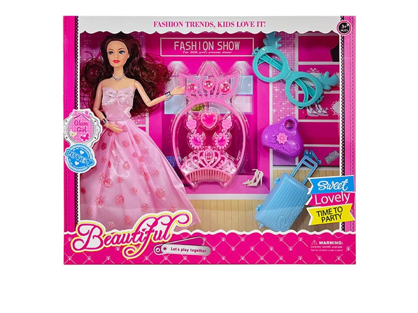 High-grade 11.5-inch 9-joint solid body grand wedding Barbie with large crown blister accessories, suitcases, handbags and big glasses