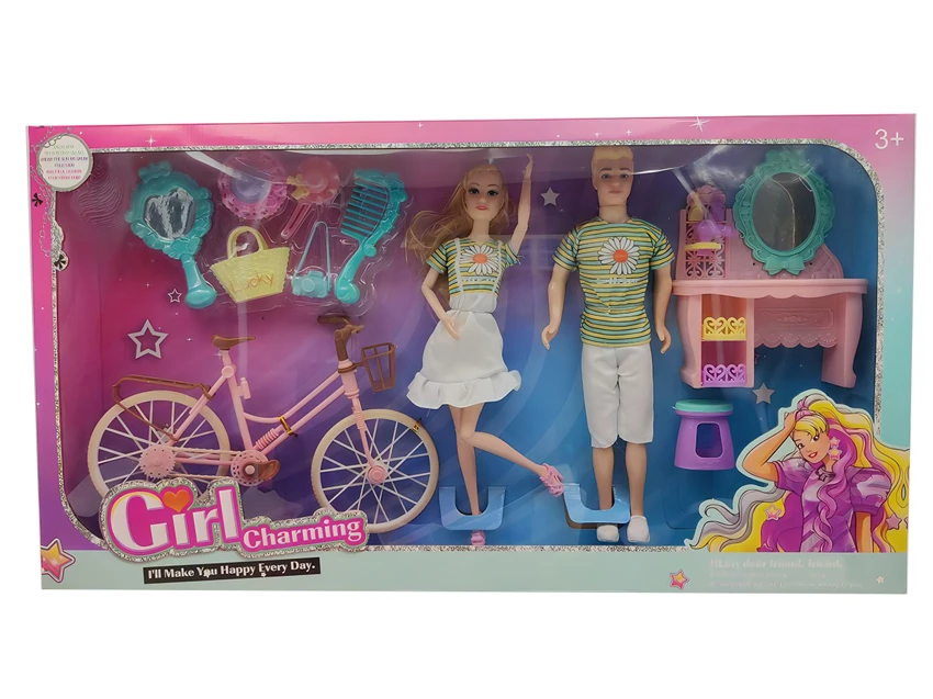 11.5-inch 12-joint solid body fashion Barbie & 11.5-inch solid body movable hand male doll with dressing table, bicycle, comb and mirror accessories
