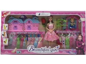 High-grade 11.5-inch 9-joint solid body fashion Barbie with large house, 3-inch doll, rose plastic tree and hanging dress accessories