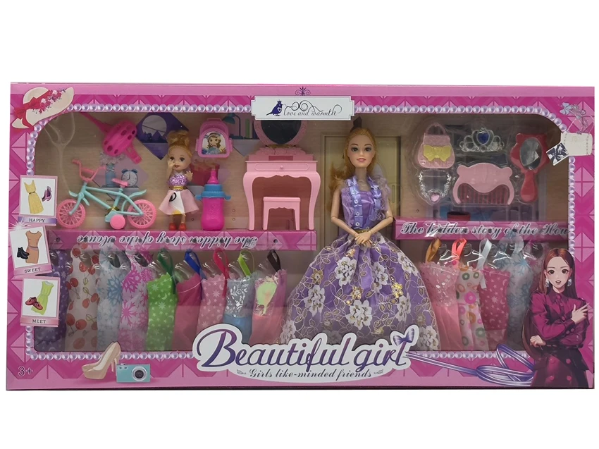 High-grade 11.5-inch 9-joint solid body wedding Barbie with 3-inch doll, dressing table, bicycle, hat, comb and mirror blister accessories & hanging dresses