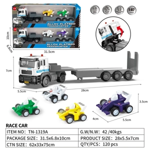Alloy Pull-back European Tractor Flatbed Transporter with 2PCS Alloy Pull-back Formula Racing Cars 2-style Mixed