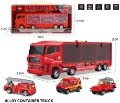 Light & Sound Gliding Fire Container Truck with 3PCS Alloy Gliding Cars 2-style Mixed Random