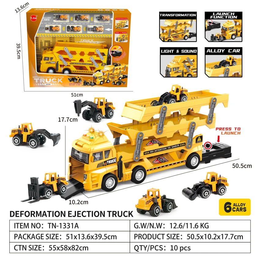 Light & Sound Gliding Folding Container Truck Engineering Series with 6PCS Alloy Gliding Cars