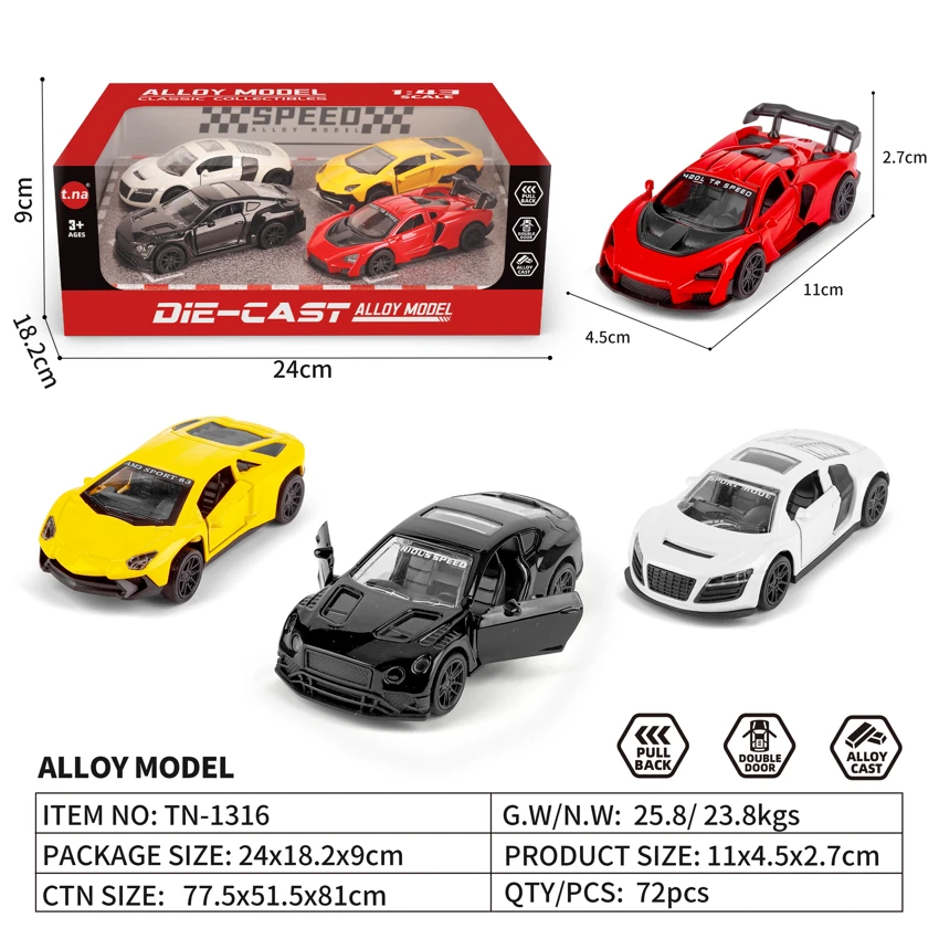 1:43 Alloy Pull-back Racing Car Door-openable 4-style Mixed