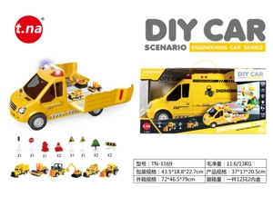 Cartoon Storage Light & Sound Inertia Engineering Car with 6PCS Alloy Gliding Mini Cars + Road Signs