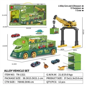 Light & Sound Music Inertia Dinosaur Container Truck with 6PCS Alloy Gliding Cars + 6PCS Dinosaurs + 1PCS Crane