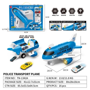 Cartoon Storage Police Light & Sound Inertia Airplane with 3PCS Alloy Gliding Mini Sports Cars Random