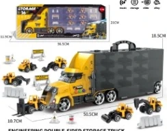 Light & Sound Container Truck with 6PCS Alloy Engineering Cars + Road Signs