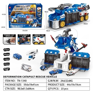 Light & Sound Gliding Storage Deformation Ejection Rescue Car with Spray with 5PCS Alloy Gliding Police Cars + 1PCS Airplane - Luxury Blue