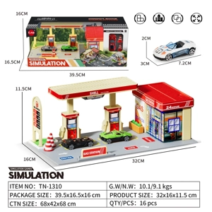 Simulation Gas Station with 2PCS Alloy Gliding Cars