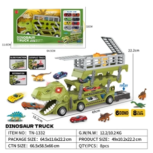Light & Sound Gliding Dinosaur Container Folding Inertia Truck with 8PCS Alloy Gliding Cars + 6PCS Dinosaurs