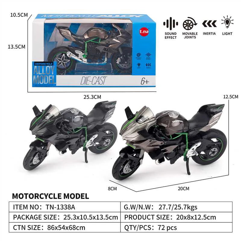 1:12 Alloy Pull-back Kawasaki Motorcycle with Light & Sound 2-color Mixed (Grey + Champagne)
