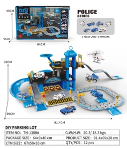 DIY Track Parking Lot Police Series with 6PCS Alloy Gliding Cars + 1PCS Plastic Airplane