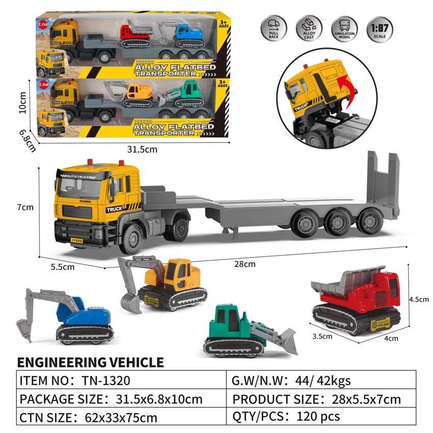 Alloy Pull-back Engineering Tractor Flatbed Transporter with 2PCS Alloy Pull-back Engineering Cars 2-style Mixed