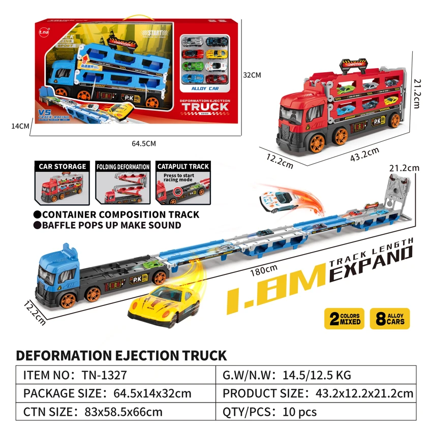Light & Sound Gliding Storage Deformation Folding Container Truck with Ejection Race with 8PCS Alloy Gliding Cars (Random) 2-color Mixed