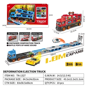 Light & Sound Gliding Storage Deformation Folding Container Truck with Ejection Race with 8PCS Alloy Gliding Cars (Random) 2-color Mixed