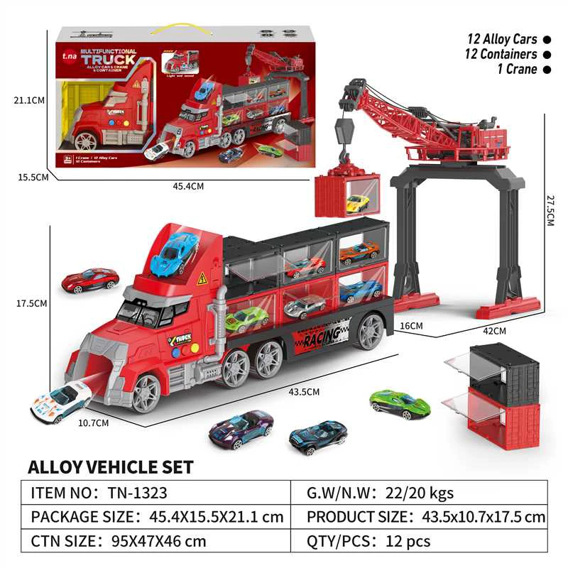 Light & Sound Gliding Container Truck with 12PCS Containers + 12PCS Alloy Gliding Racing Cars + 1PCS Crane