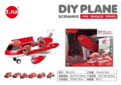 Cartoon Storage Light & Sound Airplane with 6PCS Gliding Alloy Fire Trucks Random
