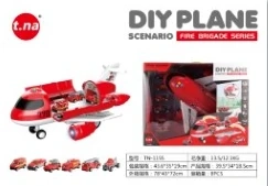 Cartoon Storage Light & Sound Airplane with 6PCS Gliding Alloy Fire Trucks Random