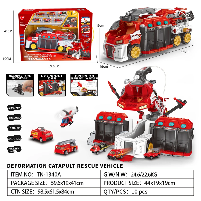 Light & Sound Gliding Spray Storage Deformation Ejection Rescue Car with Spray with 5PCS Alloy Gliding Fire Trucks + 1PCS Airplane - Luxury Red