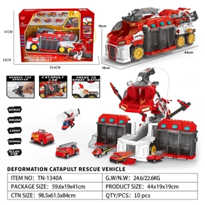 Light & Sound Gliding Spray Storage Deformation Ejection Rescue Car with Spray with 5PCS Alloy Gliding Fire Trucks + 1PCS Airplane - Luxury Red