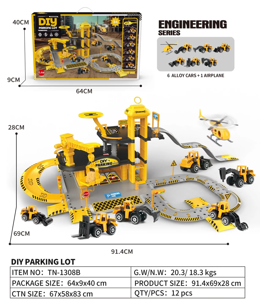 DIY Track Parking Lot Engineering Series with 6PCS Alloy Gliding Cars + 1PCS Plastic Airplane