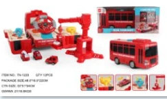Fire Theme Steering Wheel Deformation Tower Crane Bus Light & Sound Story Car with 4PCS Pull-back Alloy Cars