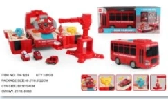 Fire Theme Steering Wheel Deformation Tower Crane Bus Light & Sound Story Car with 4PCS Pull-back Alloy Cars