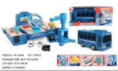 Police Theme Steering Wheel Deformation Tower Crane Bus Light & Sound Story Car with 4PCS Pull-back Alloy Cars