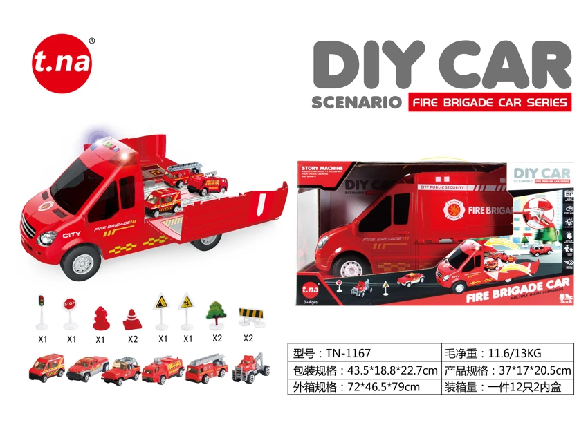 Cartoon Storage Light & Sound Inertia Fire Truck with 6PCS Alloy Gliding Mini Cars + Road Signs