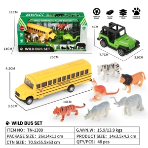 Animal Set with Alloy Pull-back Bus & Jeep