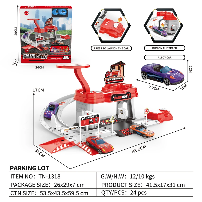 DIY ที่จอดรถติดตามชุดดับเพลิงพร้อมรถสเก็ตเตอร์อัลลอยด์ 1 คันแบบสุ่ม