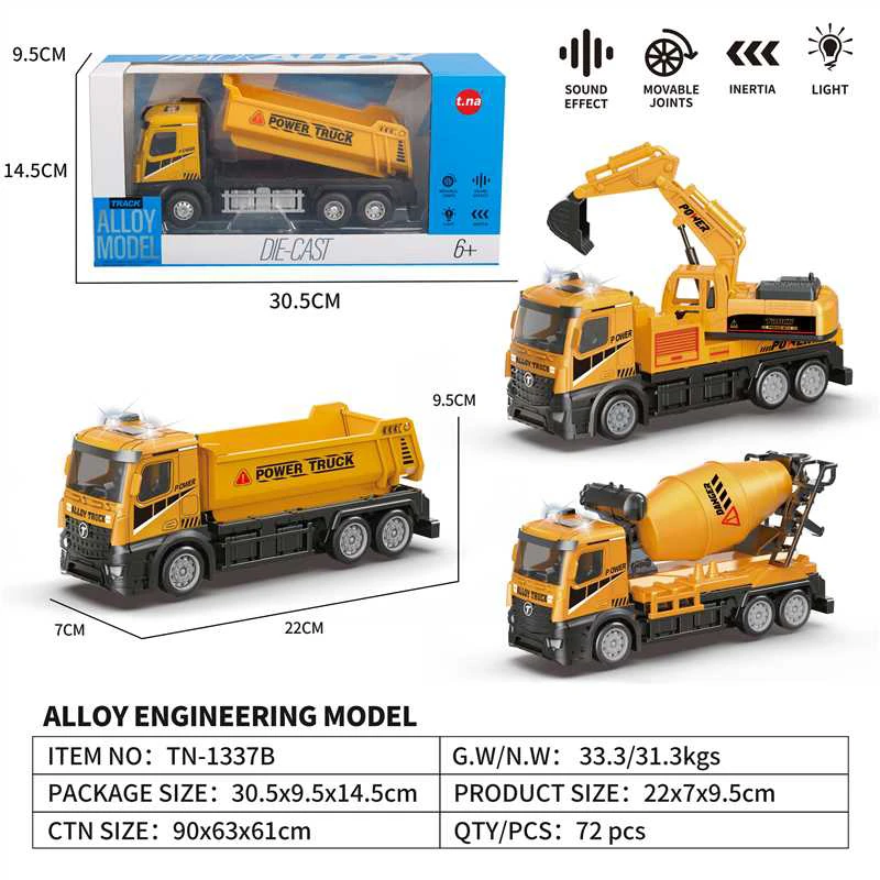 Light & Sound Inertia Alloy Engineering Car 3-style Mixed
