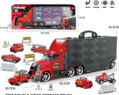 Light & Sound Container Truck with 6PCS Alloy Fire Cars + Road Signs