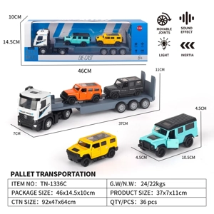 Light & Sound Inertia Alloy Tractor Flatbed Transporter with 2PCS Pull-back Jeeps 2-color Mixed
