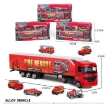 Alloy European Tractor Trailer with 2PCS Fire Trucks