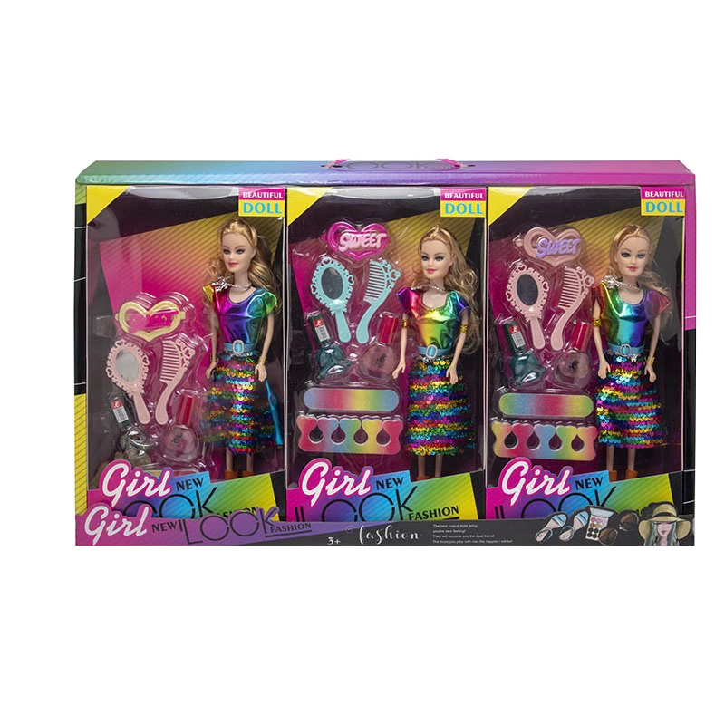 High-grade 11.5-inch Solid Body Movable Hand Rainbow Sequin Barbie Series with Blister Accessories, 3PCS