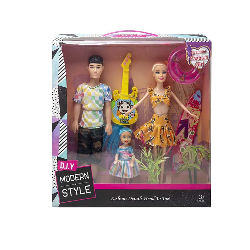 High-grade 11.5-inch Movable Hand Barbie + Hollow Body Male Doll & 3-inch Mini Doll Surf Set with Guitar Accessories