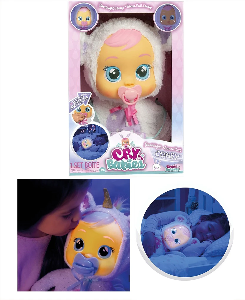 14-inch Blue Bear Vinyl Crying Doll with Luminous Effect, Plush Warm Function, 4-tone Music & Tear-shedding Function, Water Bottle & Pacifier, Mixed Luminous Crying Dolls