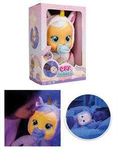 Unicorn 14 inci boneka menangis dengan fungsi cahaya malam dengan pemanasan bulu dengan empat muzik dengan fungsi air mata, dengan botol menyerap air, dengan pacifier 4 fungsi boneka menangis cahaya malam campuran