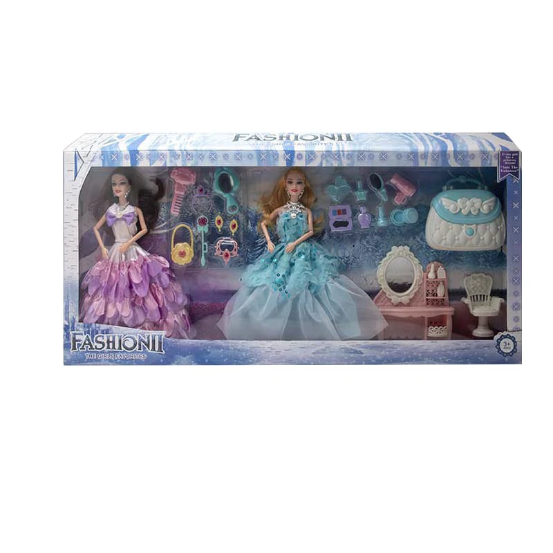 High-grade 11.5-inch Solid Body 9-joint Wedding Barbie 2 PCS with Dressing Vanity Set & Large Handbag