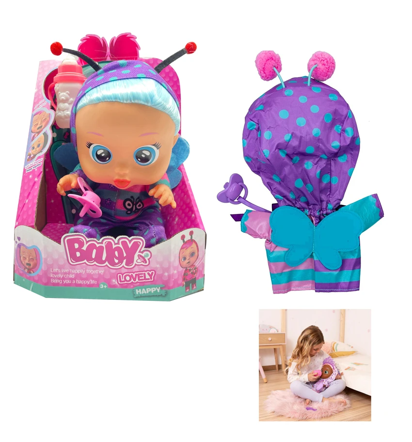 16th Gen Plush Blue Ladybug 14-inch Hair Style Vinyl Crying Girl Doll CRY BABIES-Tutti Fritti with 4-tone Music & Tear-shedding Function, Water Bottle & Pacifier, Plush Warm Function, 2-piece Outfit