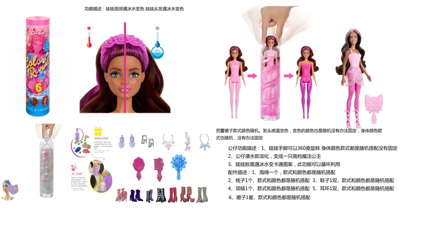 Mattel Style Water-soluble Series 11.5-inch Solid Body Color Reveal Surprise Ballet Princess Barbie with 5 Different Surprise Accessories, 360掳 Rotatable