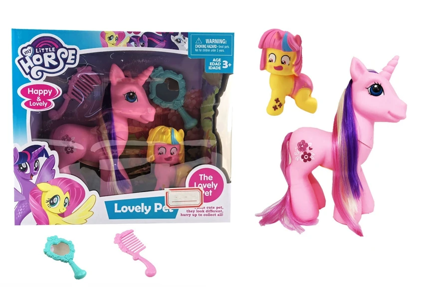 Large Vinyl Unicorn with Light & Music, 1 Medium Vinyl Pony, Comb & Mirror
